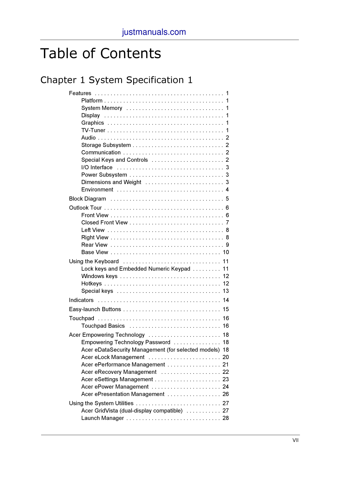 Acer 5510, 5410, 5210, 5010 manual Table of Contents 