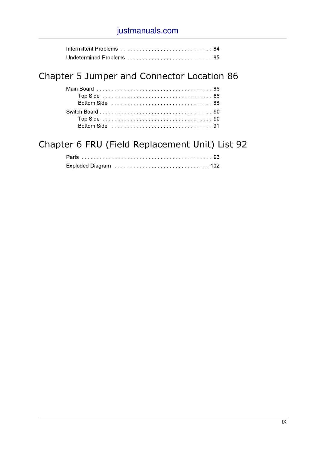 Acer 5010, 5410, 5510, 5210 manual Jumper and Connector Location, FRU Field Replacement Unit List 