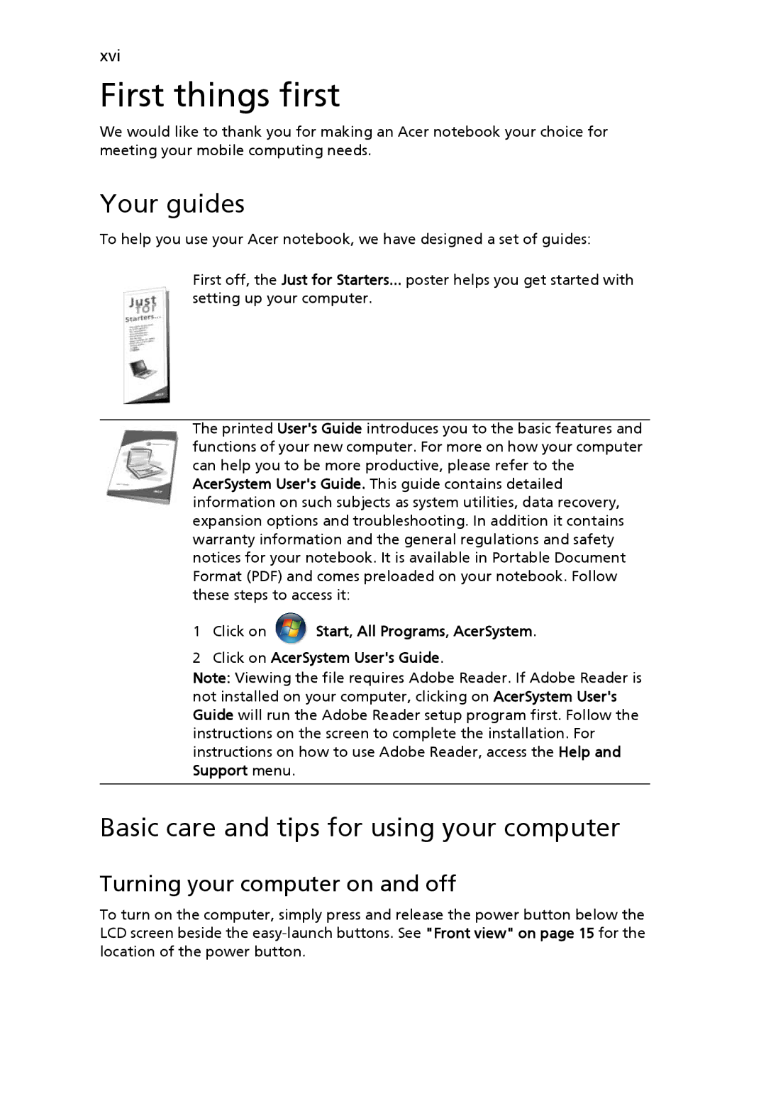 Acer 5410 Series, 5010 Series manual First things first, Your guides, Basic care and tips for using your computer 