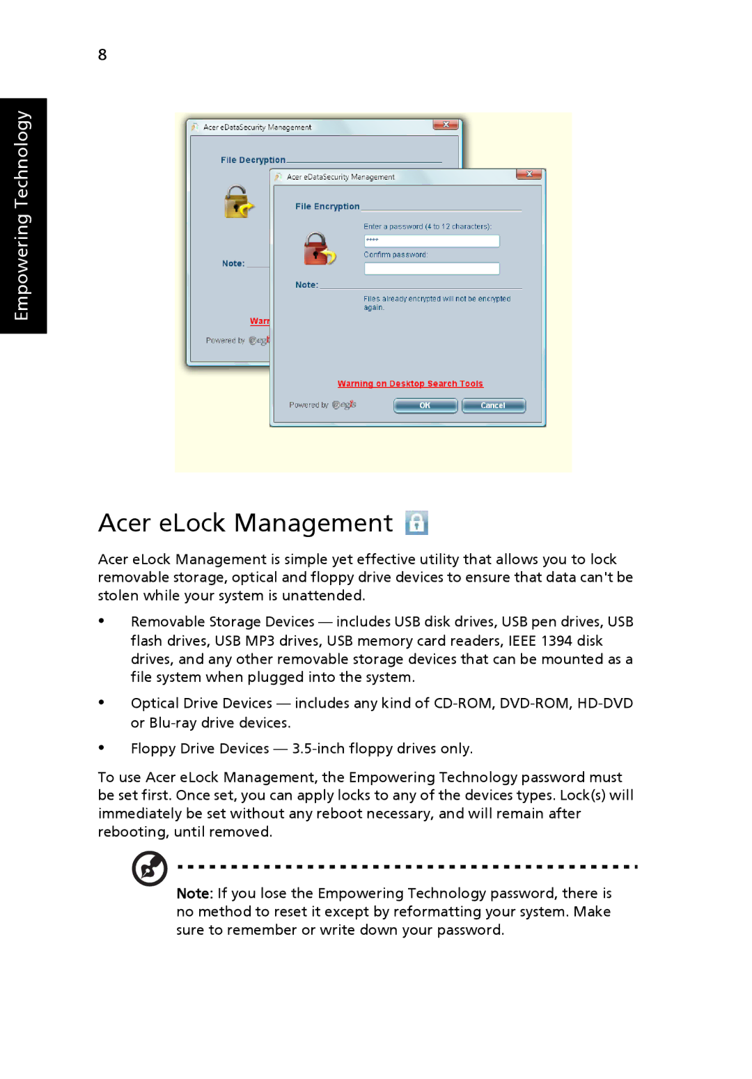 Acer 5410 Series, 5010 Series manual Acer eLock Management 