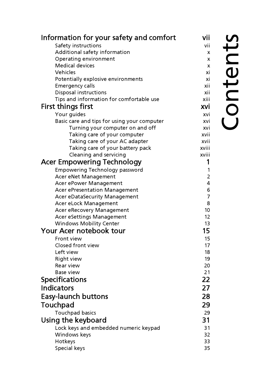 Acer 5010 Series, 5410 Series manual Contents 