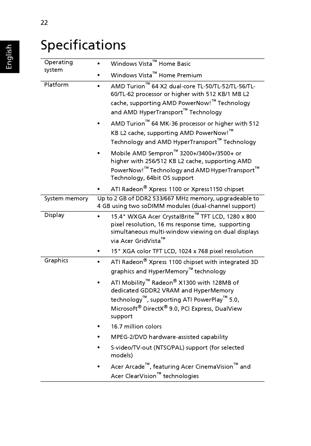 Acer 5410 Series, 5010 Series manual Specifications 