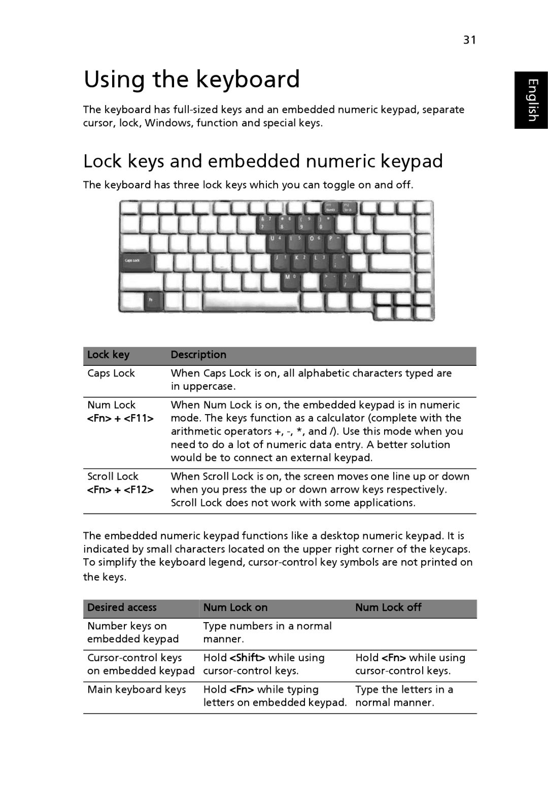 Acer 5010 Series, 5410 Series manual Using the keyboard, Lock keys and embedded numeric keypad 