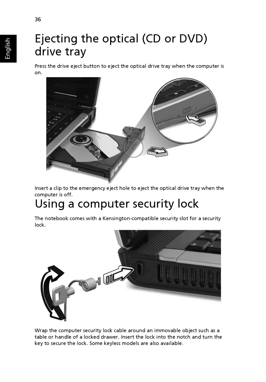 Acer 5410 Series, 5010 Series manual Ejecting the optical CD or DVD drive tray, Using a computer security lock 