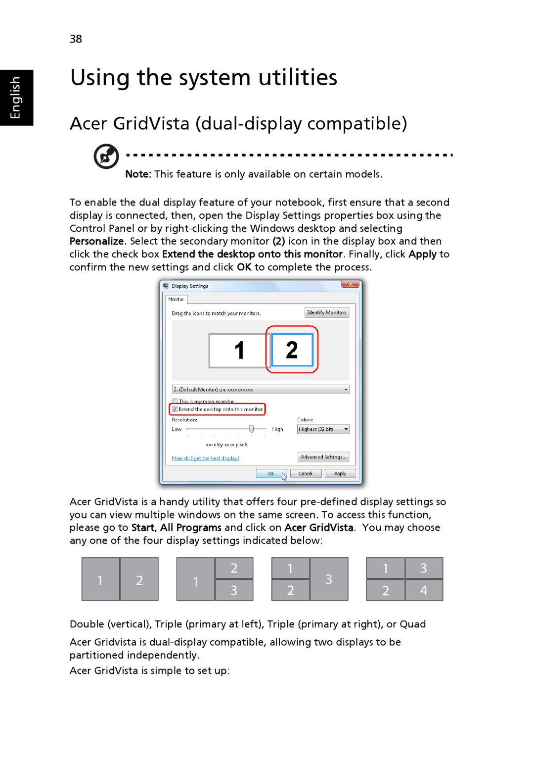 Acer 5410 Series, 5010 Series manual Using the system utilities, Acer GridVista dual-display compatible 