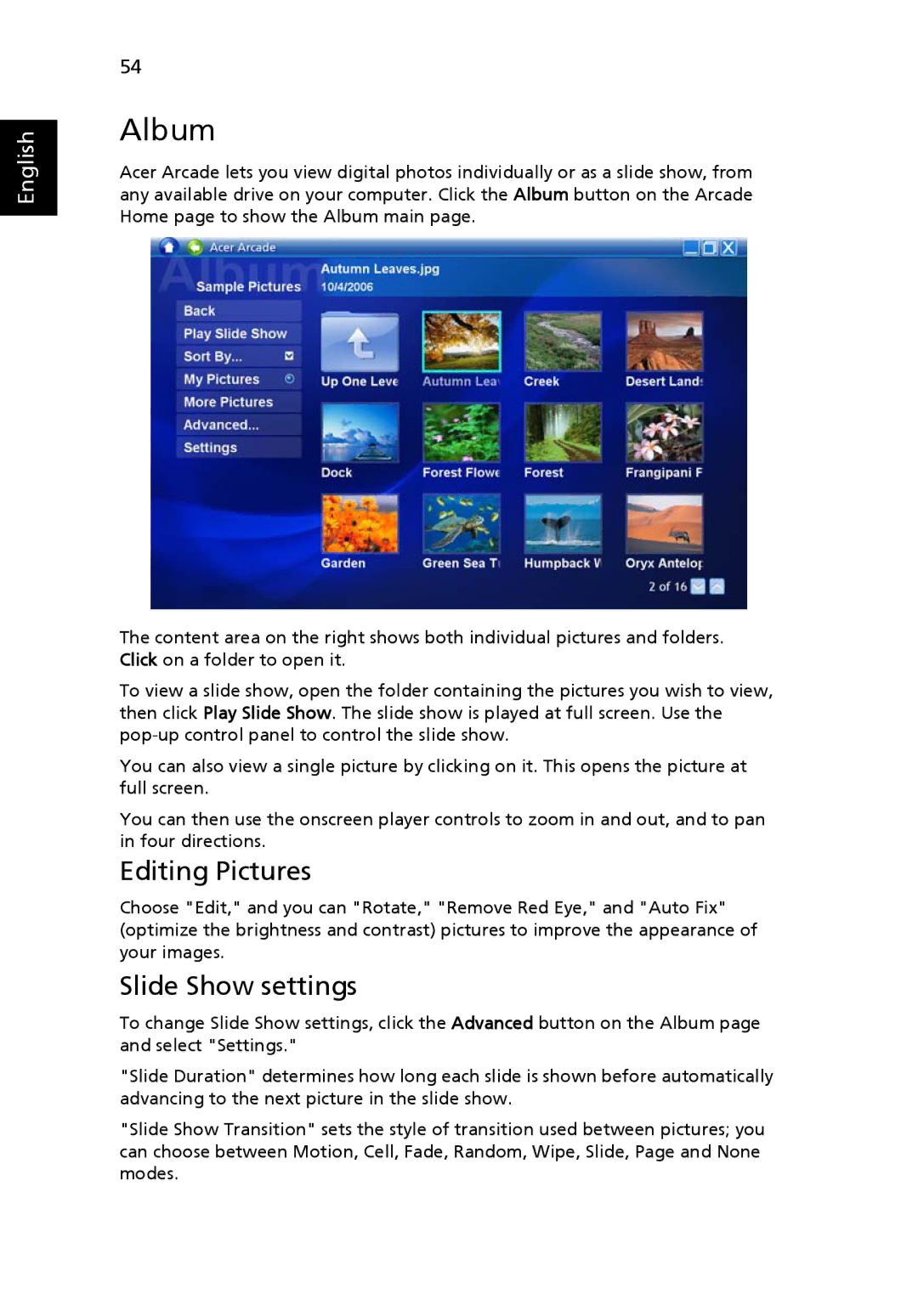 Acer 5410 Series, 5010 Series manual Album, Editing Pictures, Slide Show settings 