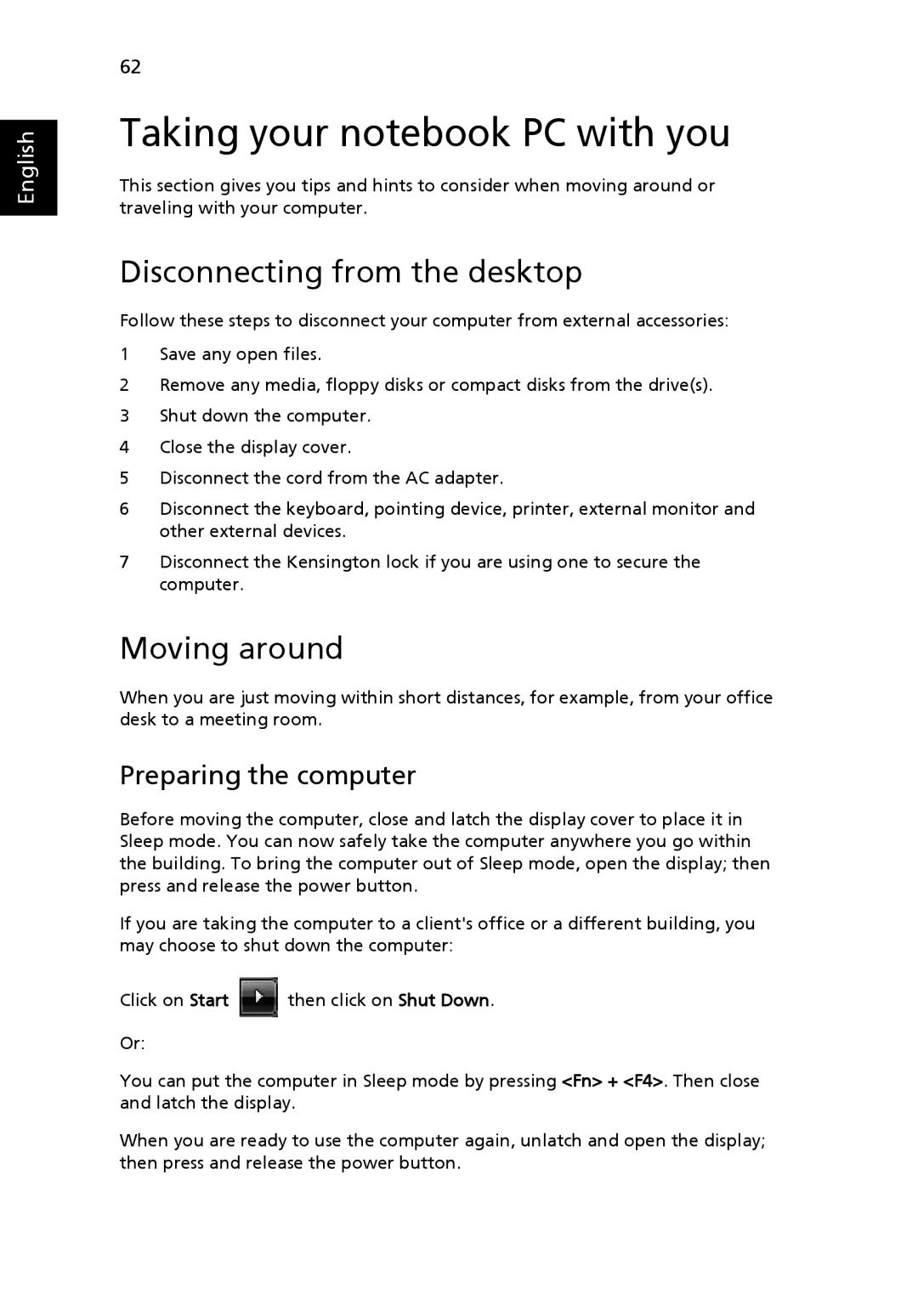 Acer 5410 Series Taking your notebook PC with you, Disconnecting from the desktop, Moving around, Preparing the computer 