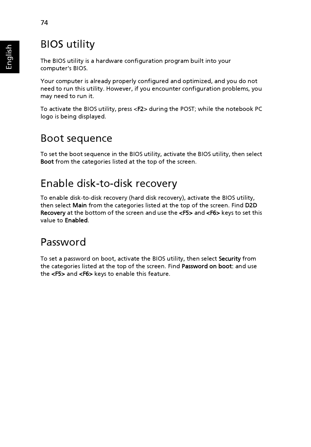 Acer 5410 Series, 5010 Series manual Bios utility, Boot sequence, Enable disk-to-disk recovery, Password 