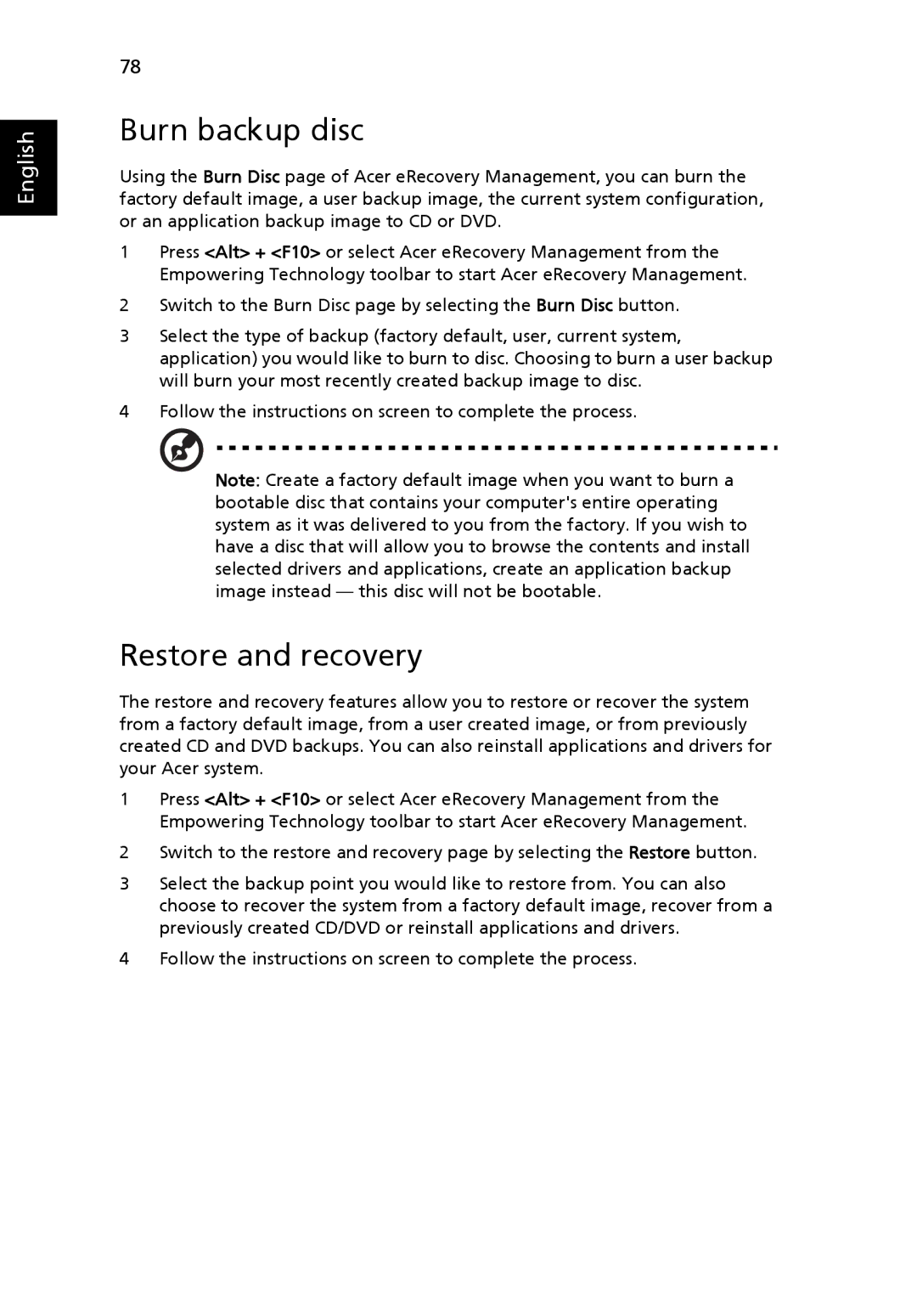 Acer 5410 Series, 5010 Series manual Burn backup disc, Restore and recovery 