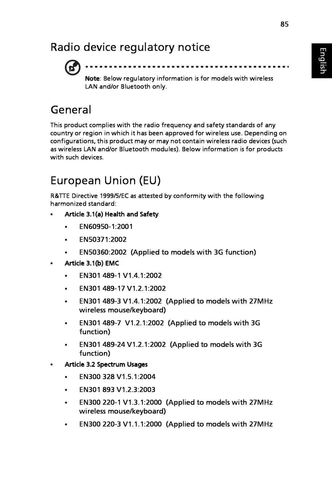 Acer 5010 Series, 5410 Series manual Radio device regulatory notice, General, European Union EU, English 