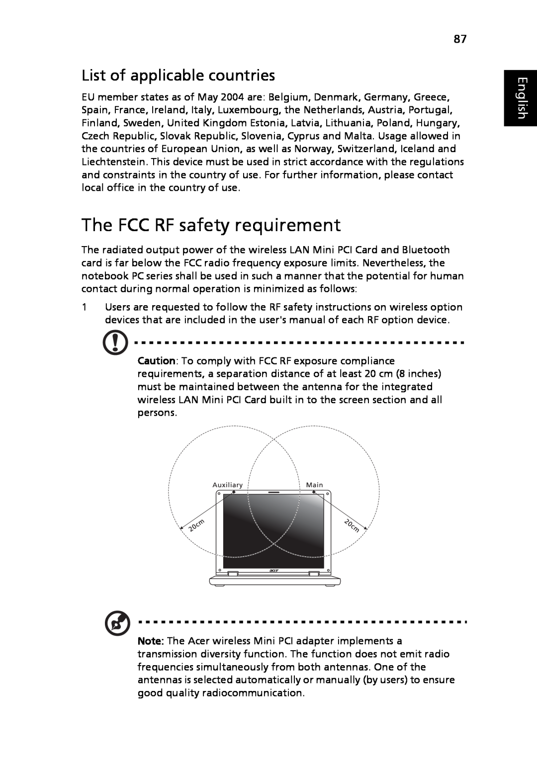 Acer 5010 Series, 5410 Series manual The FCC RF safety requirement, List of applicable countries, English 