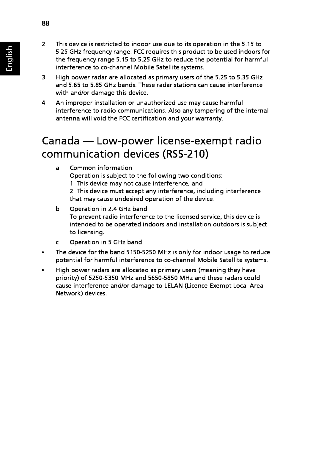 Acer 5410 Series, 5010 Series manual Canada - Low-power license-exempt radio communication devices RSS-210, English 