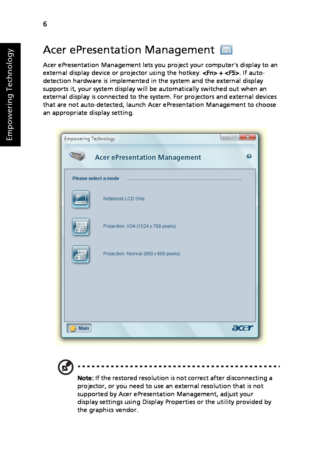 Acer 5410 Series, 5010 Series manual Acer ePresentation Management, Empowering Technology 