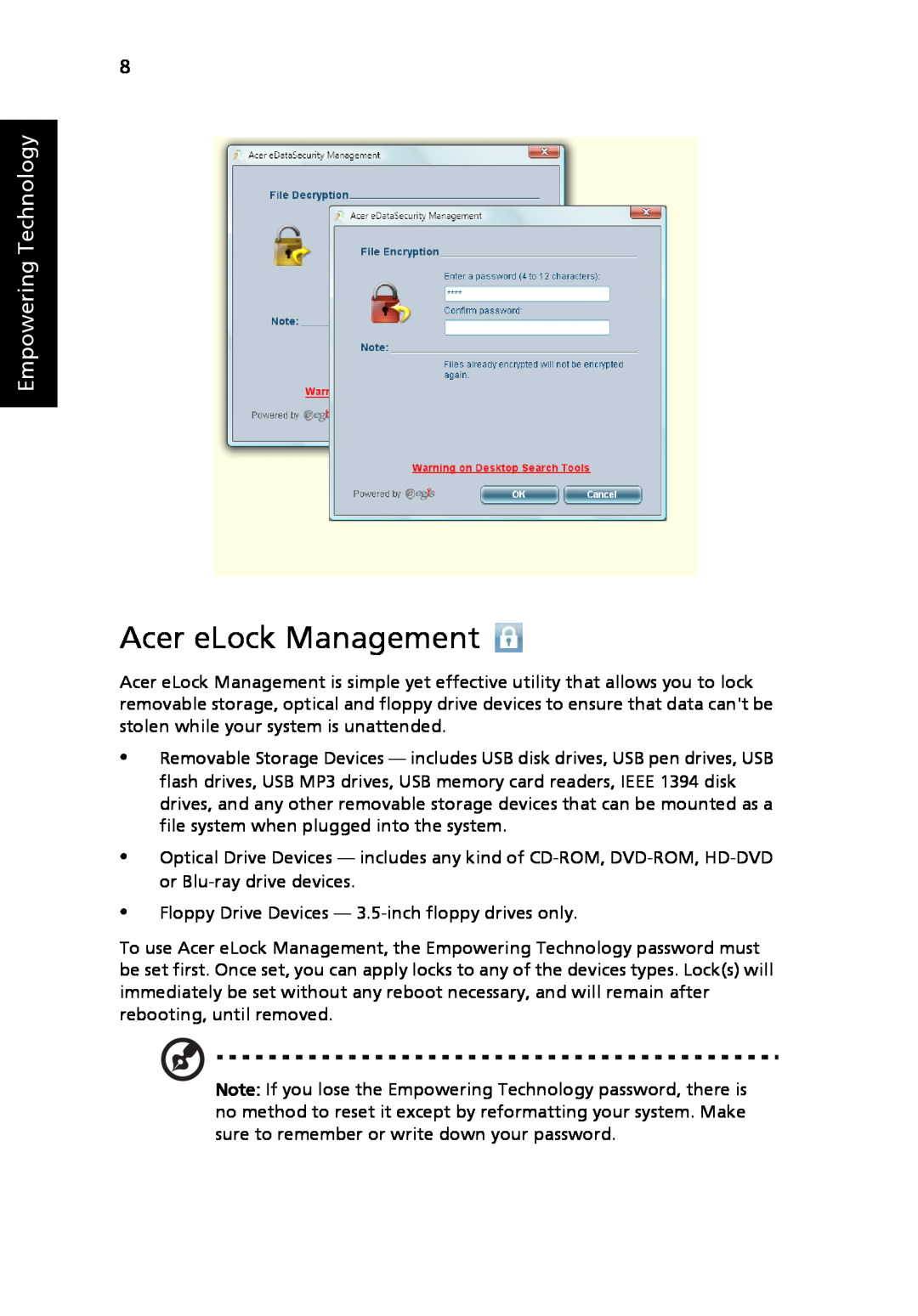 Acer 5410 Series, 5010 Series manual Acer eLock Management, Empowering Technology 
