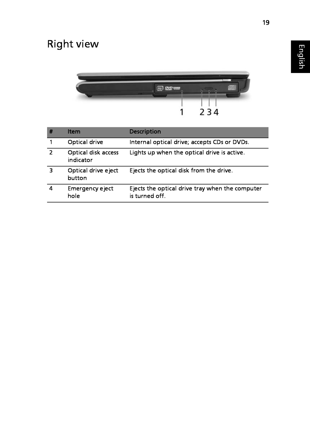 Acer 5010 Series, 5410 Series manual Right view, English 