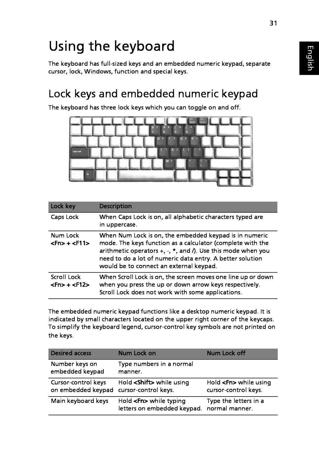 Acer 5010 Series, 5410 Series manual Using the keyboard, Lock keys and embedded numeric keypad, English 