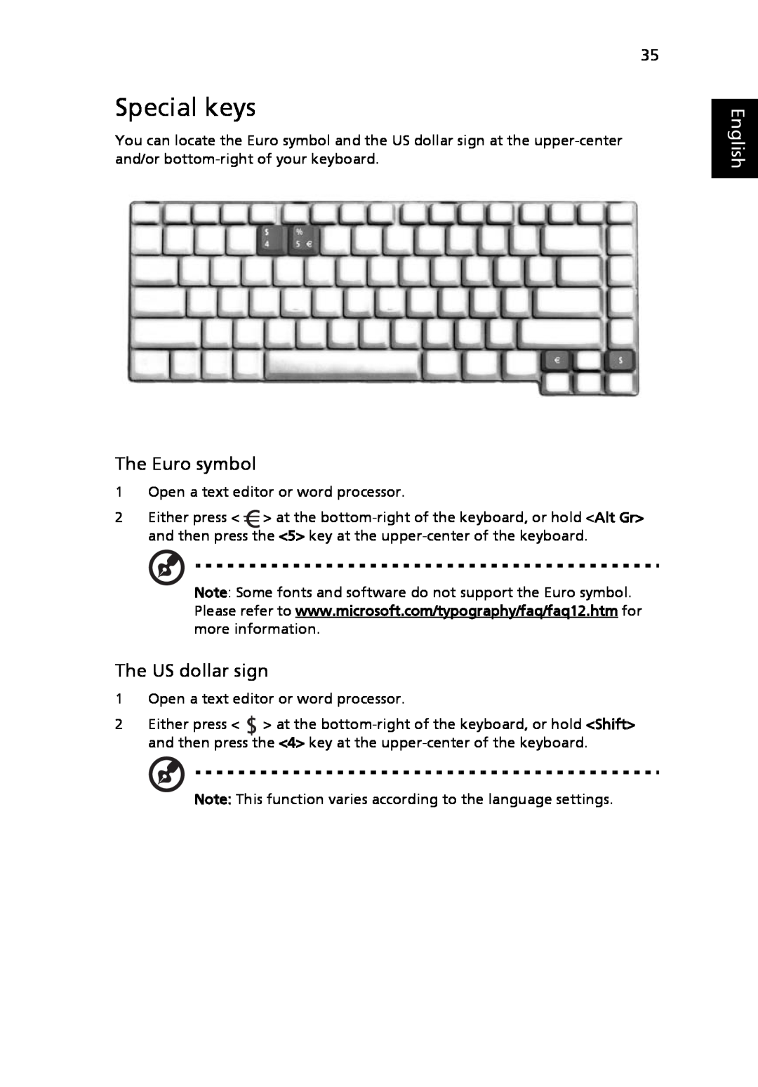 Acer 5010 Series, 5410 Series manual Special keys, The Euro symbol, The US dollar sign, English 