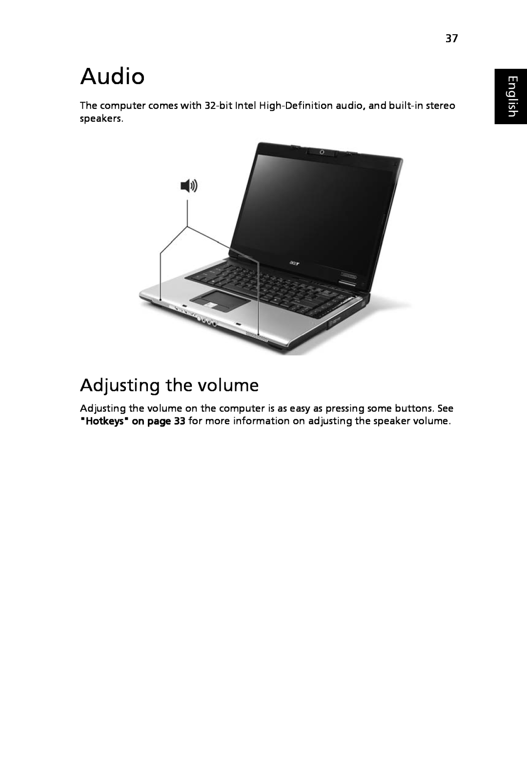 Acer 5010 Series, 5410 Series manual Audio, Adjusting the volume, English 