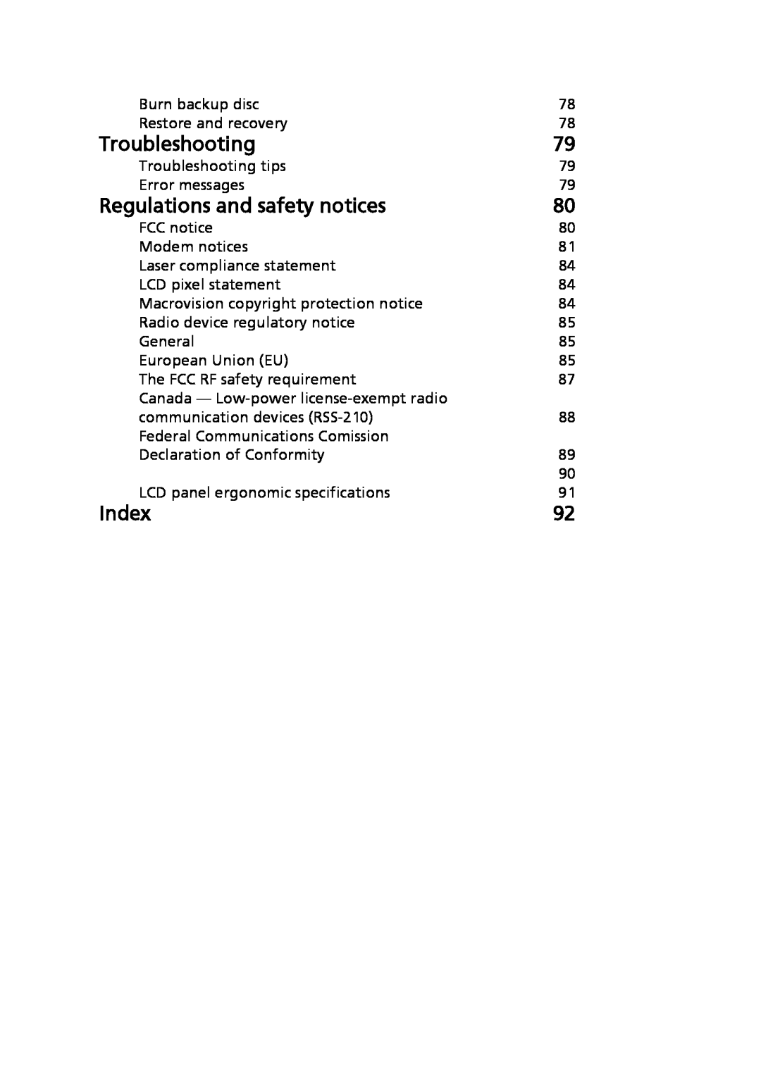 Acer 5410 Series, 5010 Series manual Troubleshooting, Regulations and safety notices, Index 