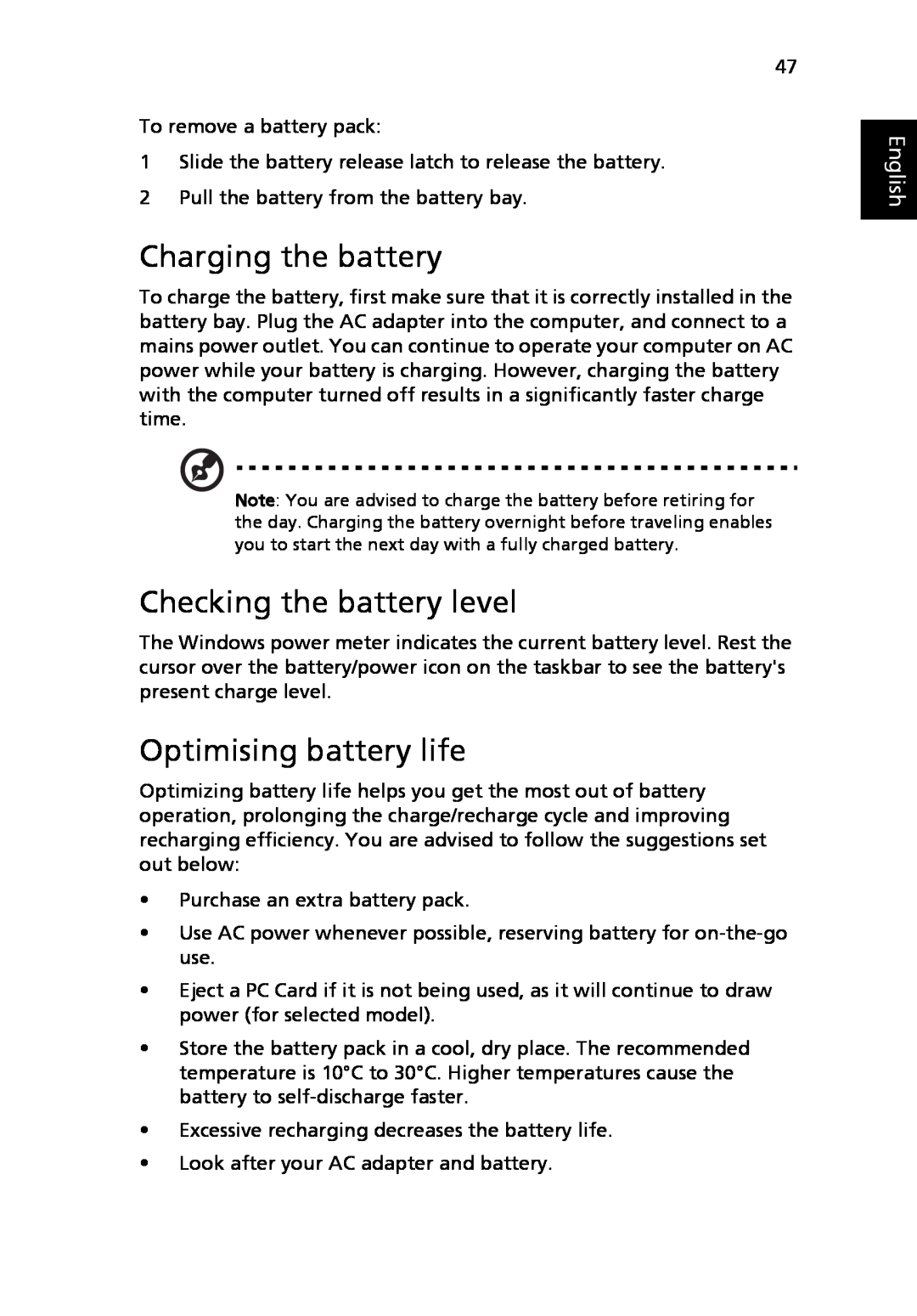 Acer 5010 Series, 5410 Series manual Charging the battery, Checking the battery level, Optimising battery life, English 