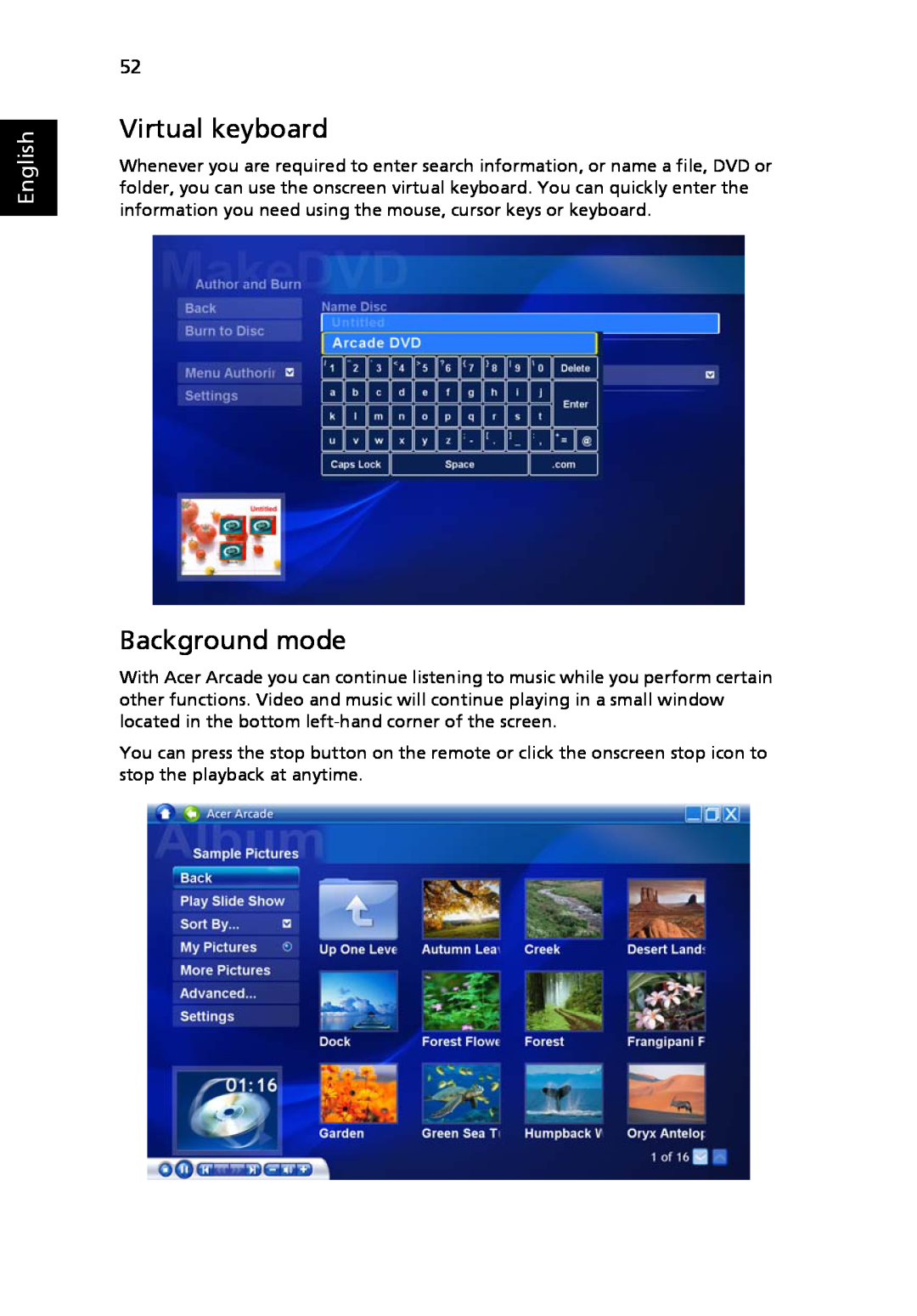 Acer 5410 Series, 5010 Series manual Virtual keyboard, Background mode, English 