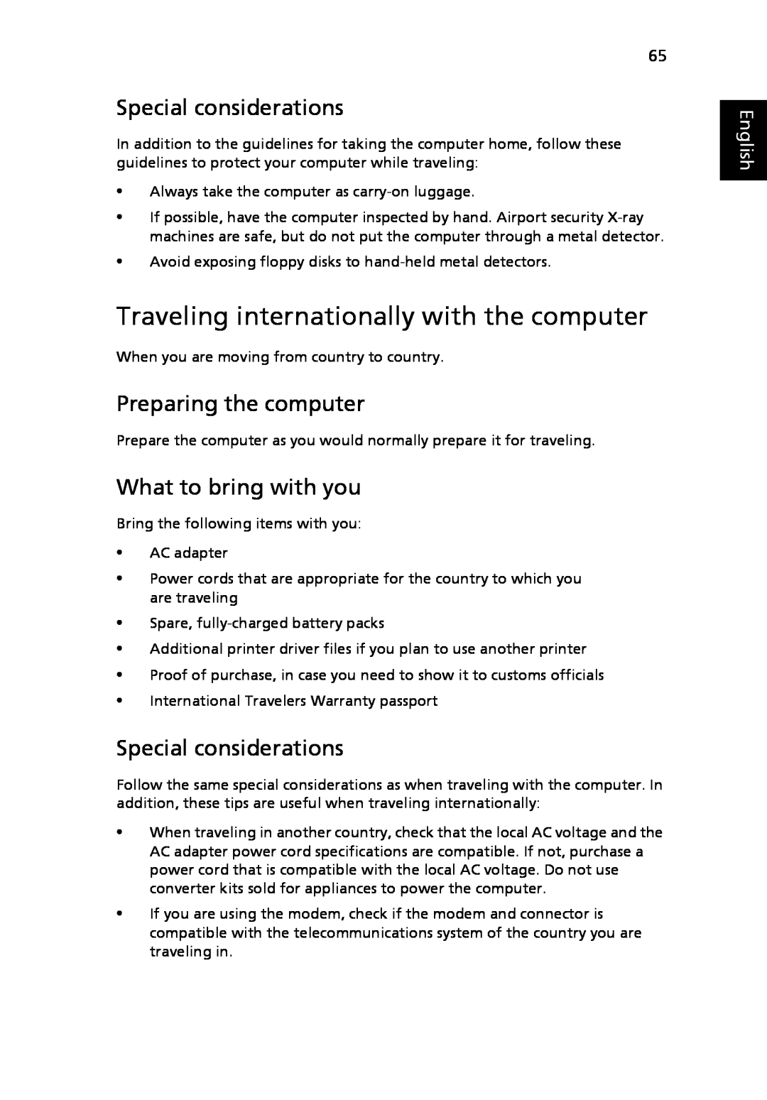 Acer 5010 Series Traveling internationally with the computer, What to bring with you, Special considerations, English 