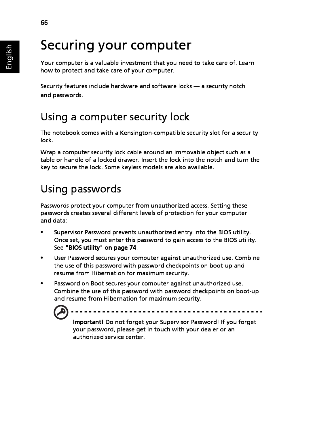 Acer 5410 Series, 5010 Series manual Securing your computer, Using a computer security lock, Using passwords, English 