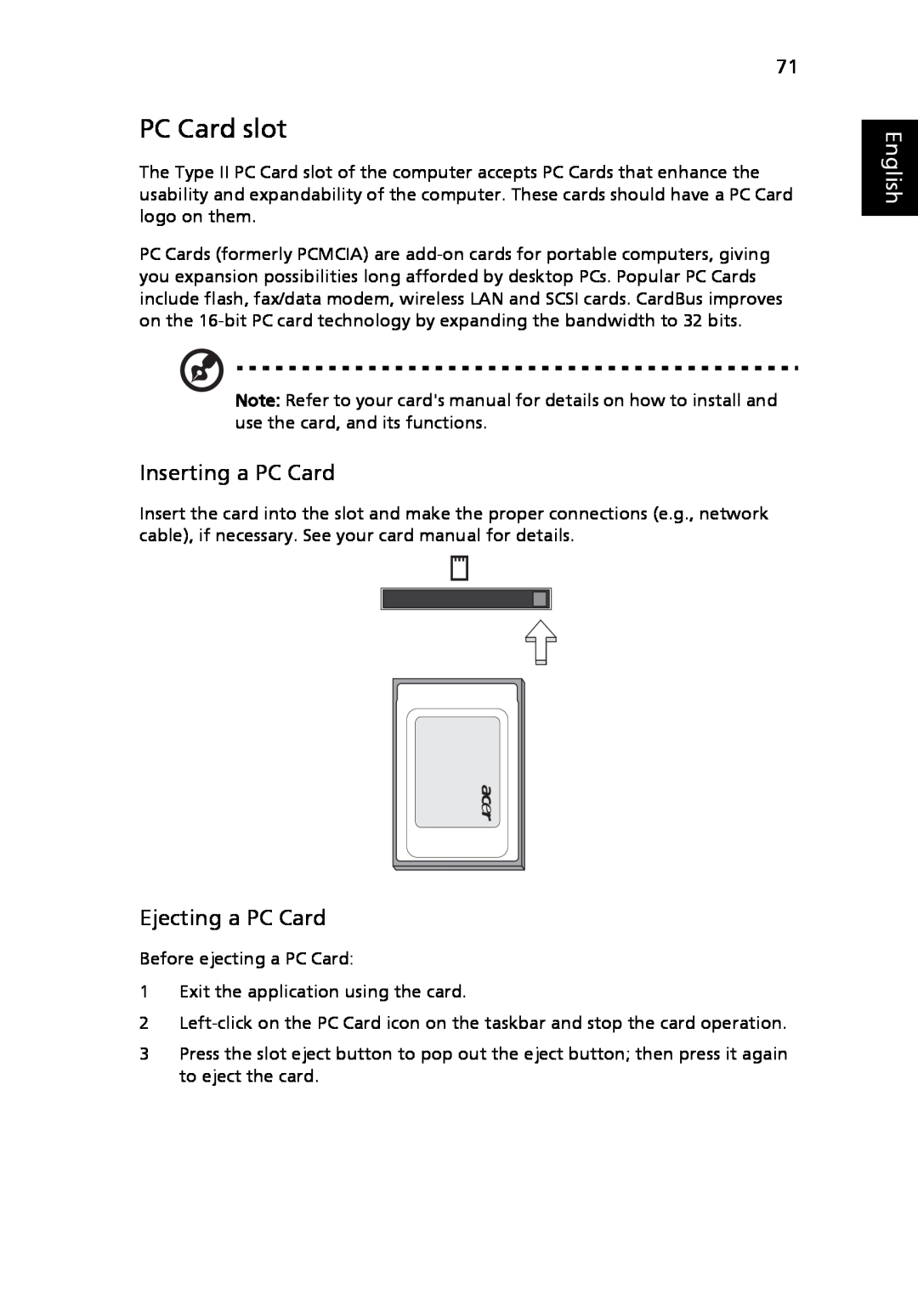 Acer 5010 Series, 5410 Series manual PC Card slot, Inserting a PC Card, Ejecting a PC Card, English 