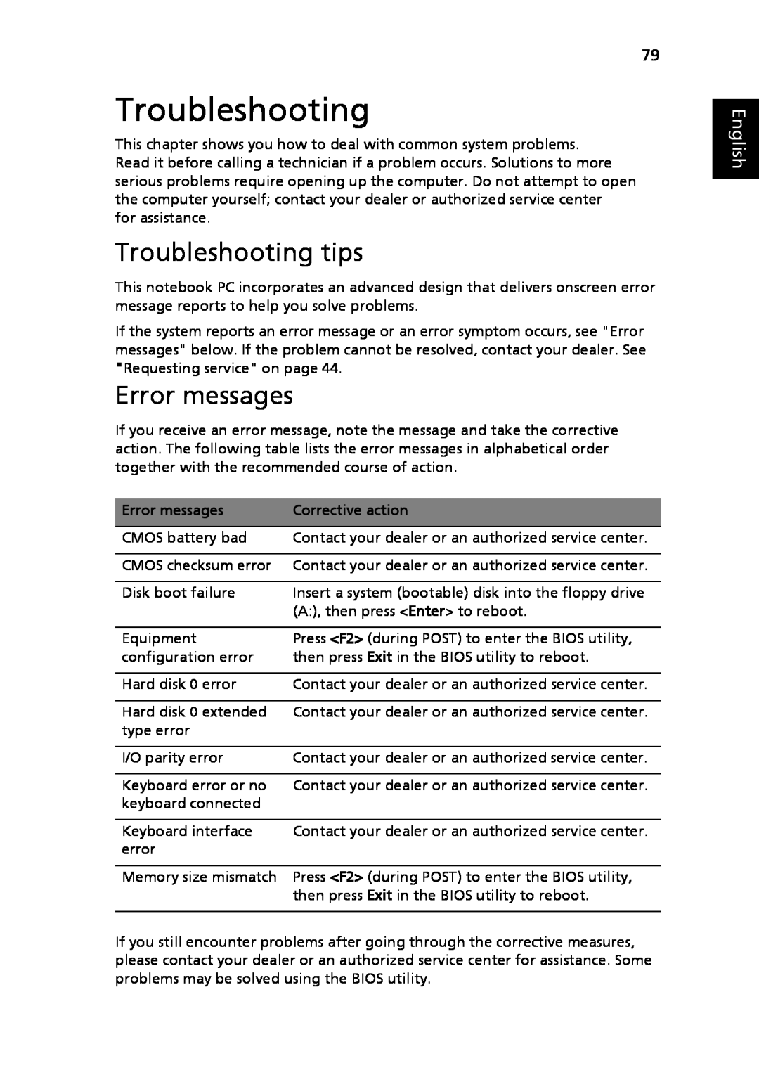 Acer 5010 Series, 5410 Series manual Troubleshooting tips, Error messages, English 