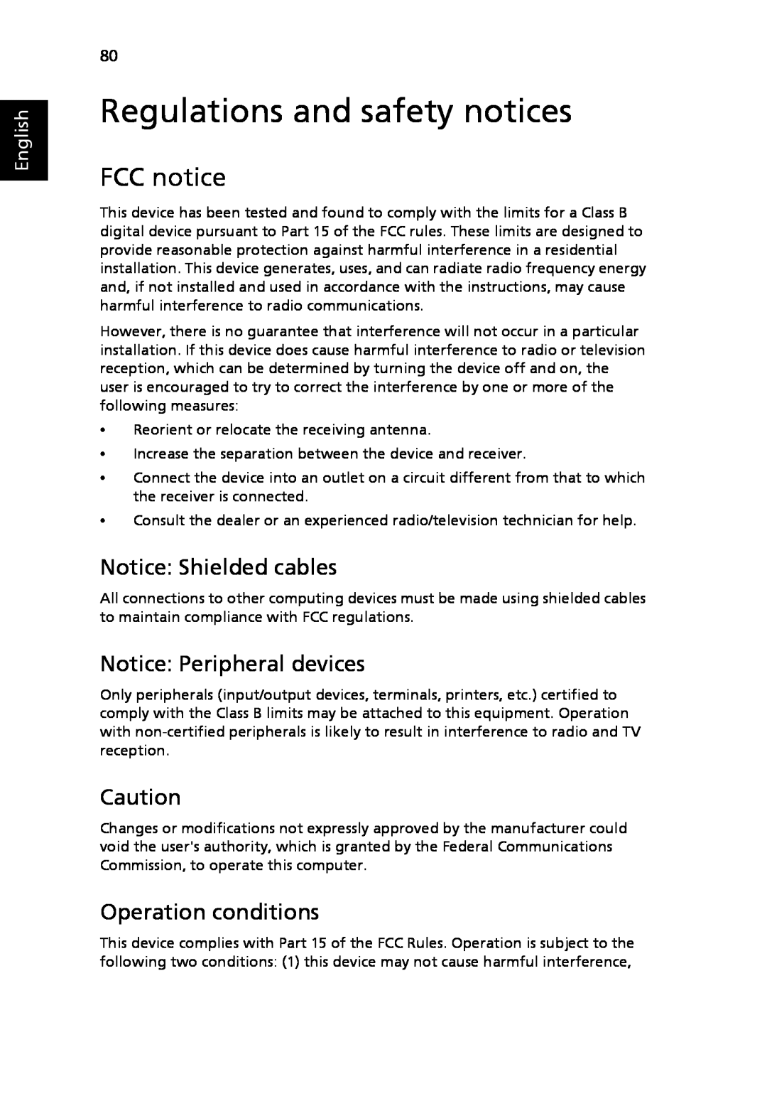 Acer 5410 Series Regulations and safety notices, FCC notice, Notice Shielded cables, Notice Peripheral devices, English 