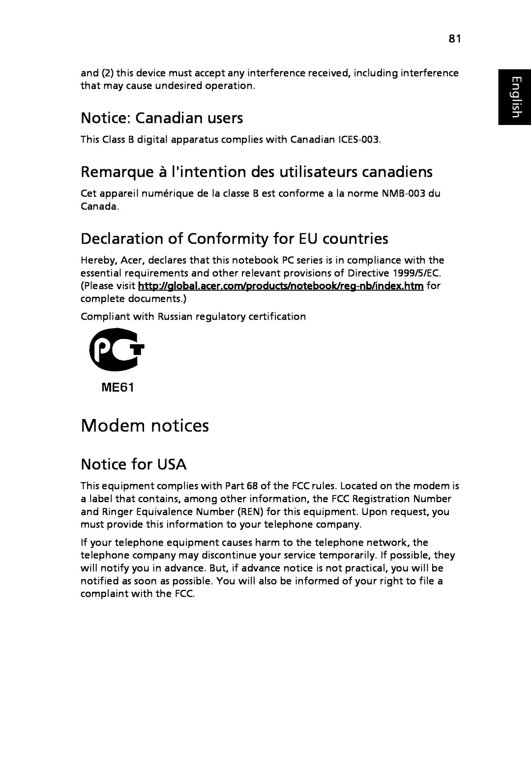 Acer 5010 Series Modem notices, Notice Canadian users, Remarque à lintention des utilisateurs canadiens, Notice for USA 