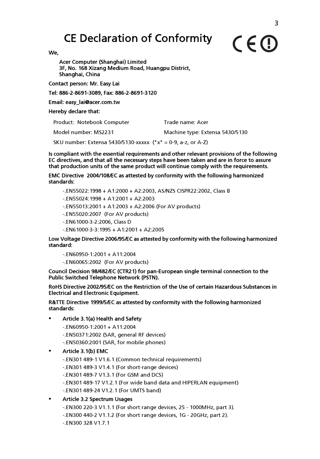 Acer 5130 Series, 5430 Series manual CE Declaration of Conformity 