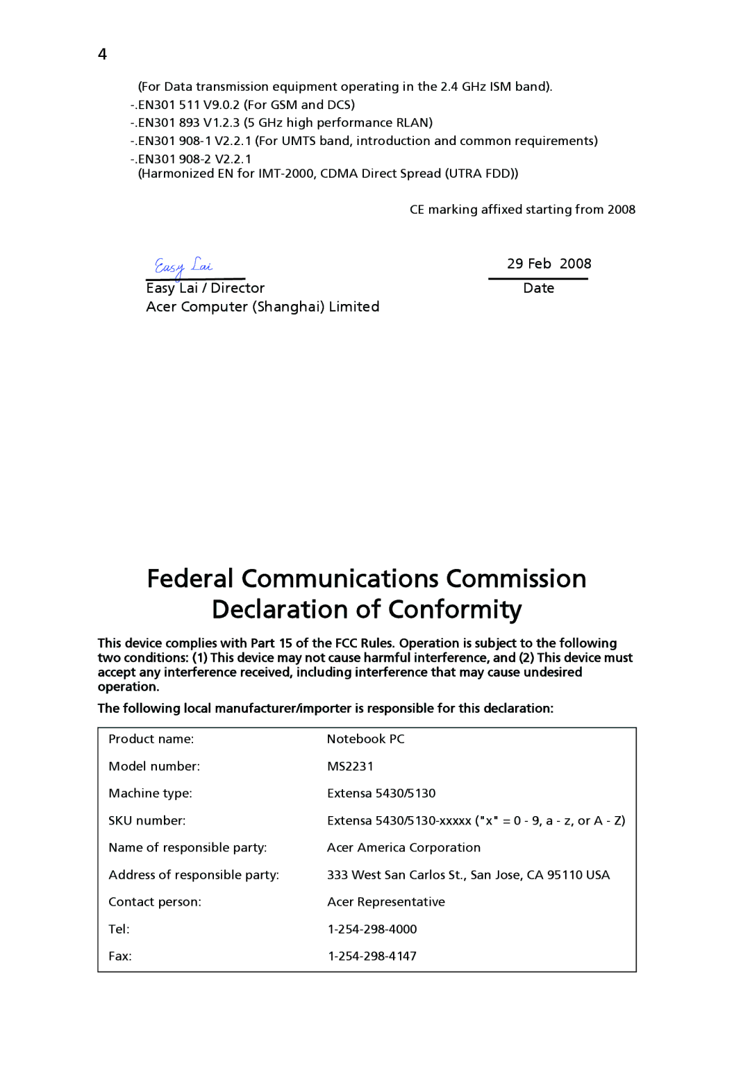 Acer 5430 Series, 5130 Series manual Federal Communications Commission Declaration of Conformity 