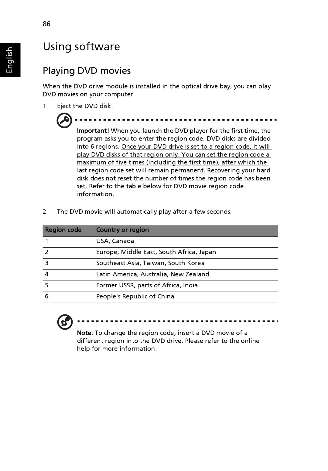 Acer 5200 Series, 5510Z Series, 5510 Series manual Using software, Playing DVD movies, Region code Country or region 