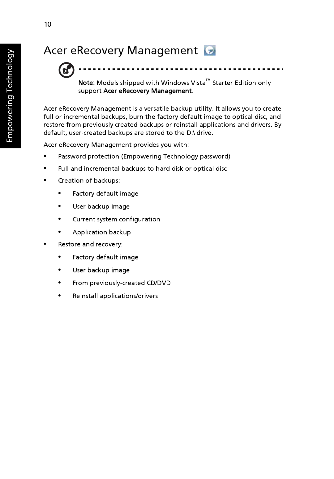 Acer 5510 Series, 5510Z Series, 5200 Series manual Acer eRecovery Management 