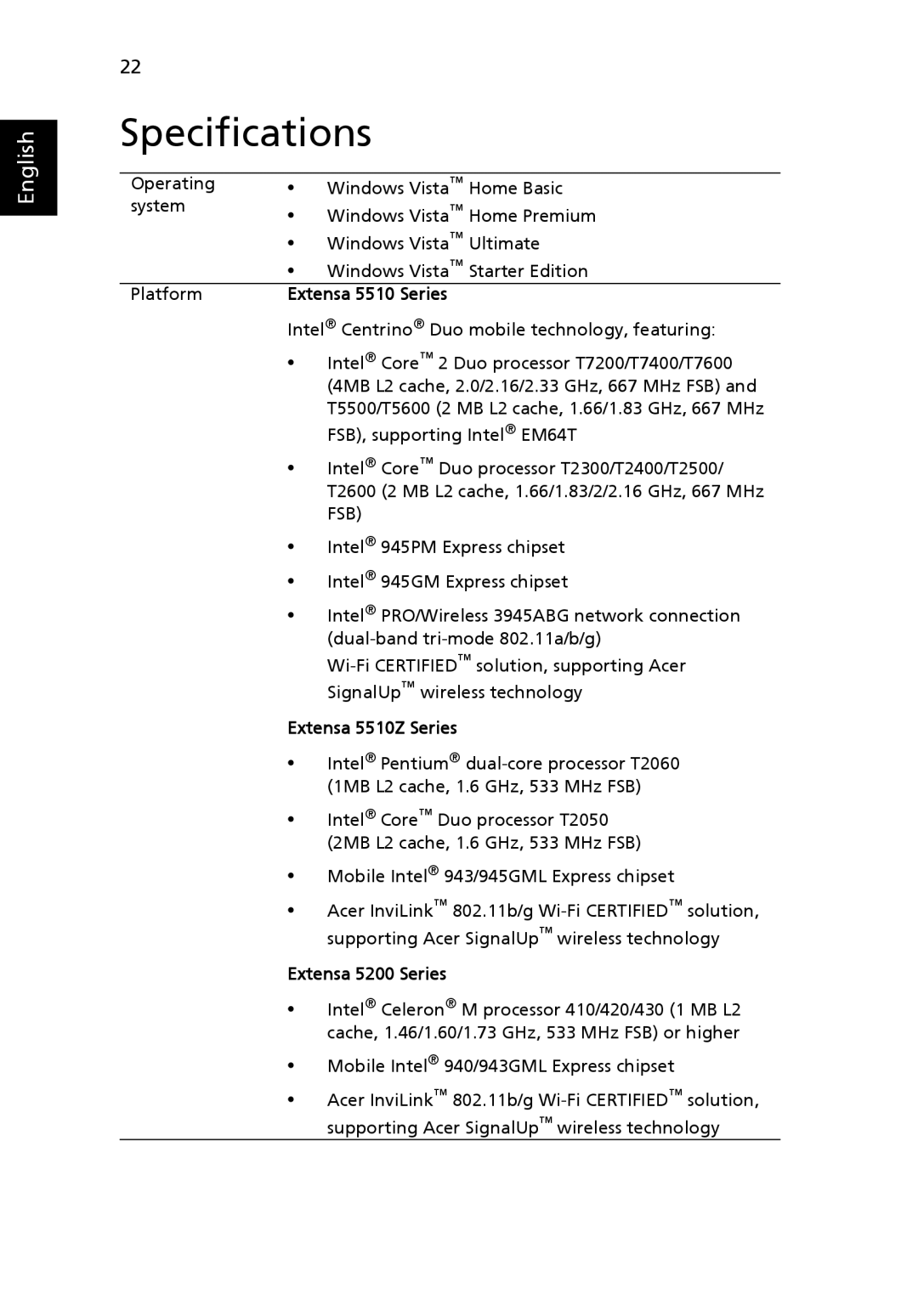 Acer manual Specifications, Extensa 5510 Series, Extensa 5510Z Series, Extensa 5200 Series 