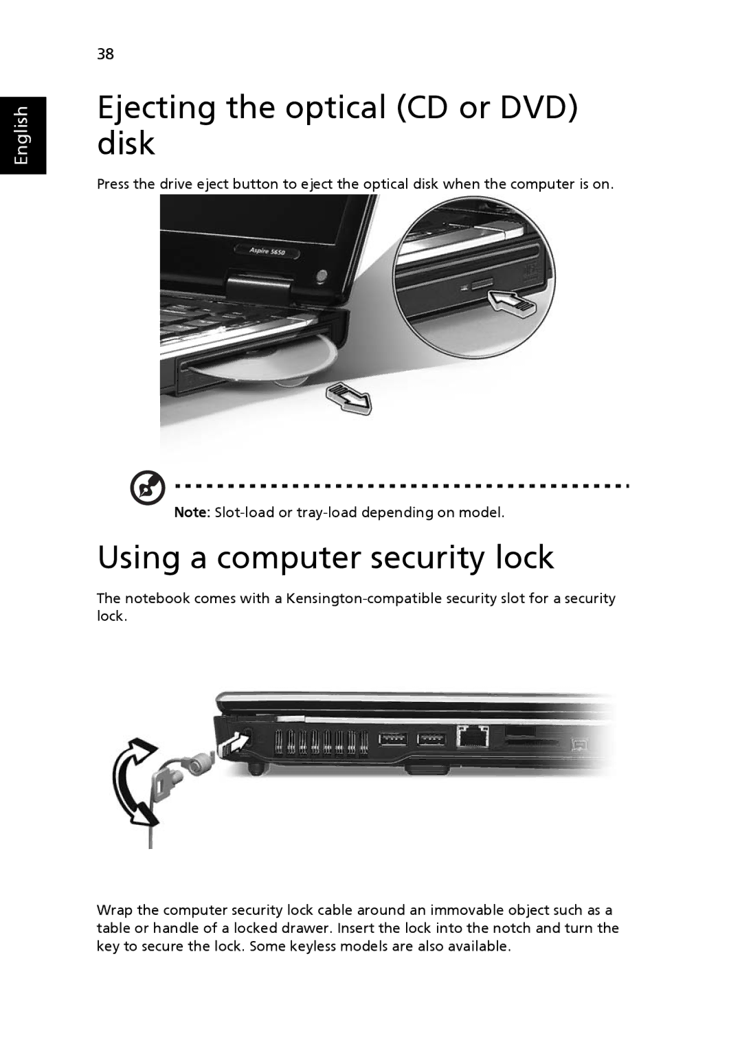 Acer 5200 Series, 5510Z Series, 5510 Series manual Ejecting the optical CD or DVD disk, Using a computer security lock 