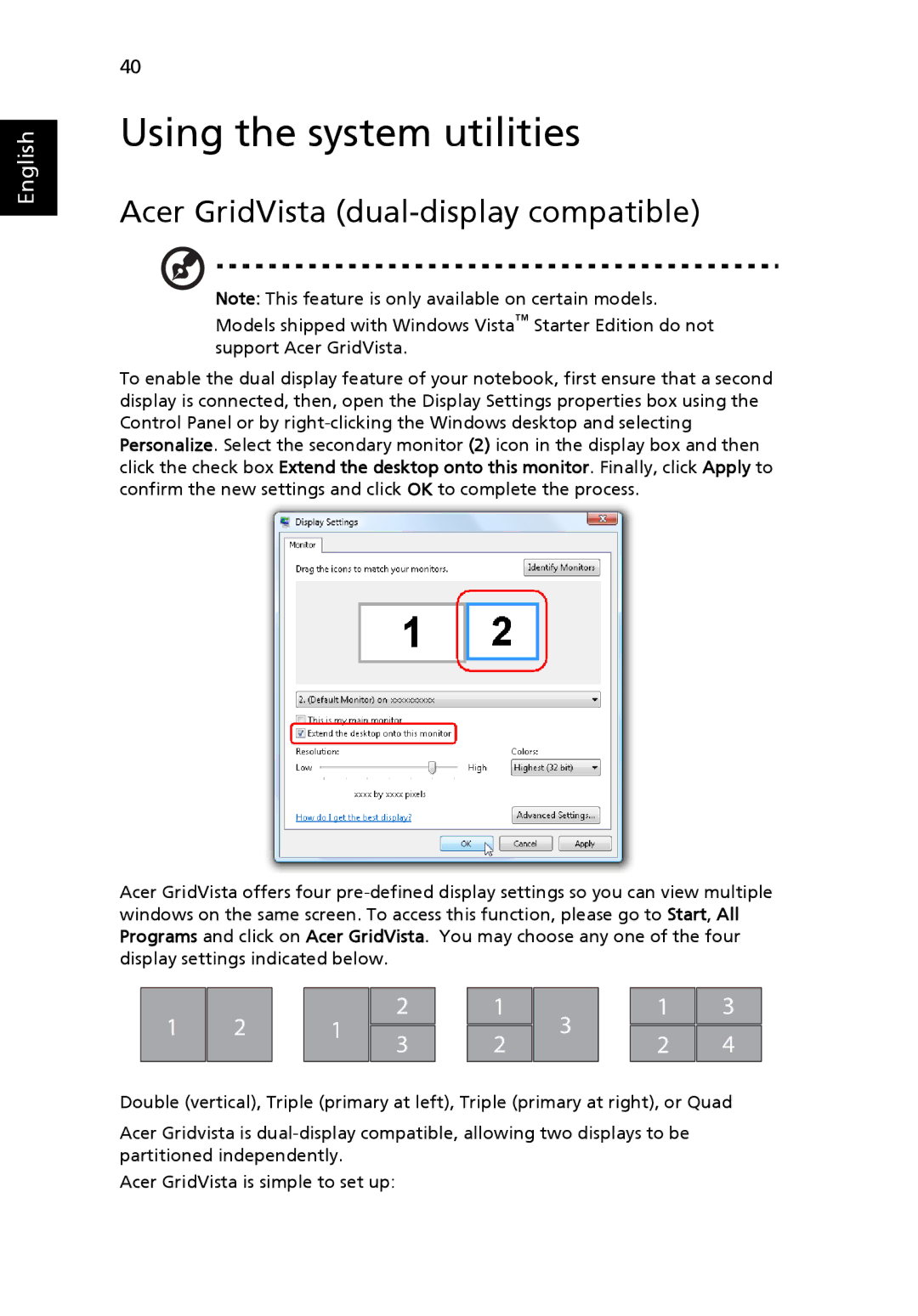 Acer 5510 Series, 5510Z Series, 5200 Series manual Using the system utilities, Acer GridVista dual-display compatible 