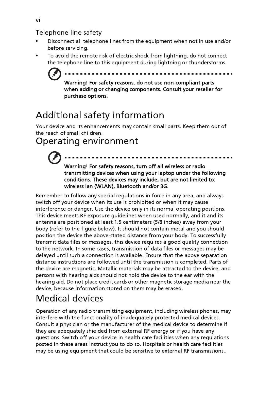 Acer 5510Z Series manual Additional safety information, Operating environment, Medical devices, Telephone line safety 