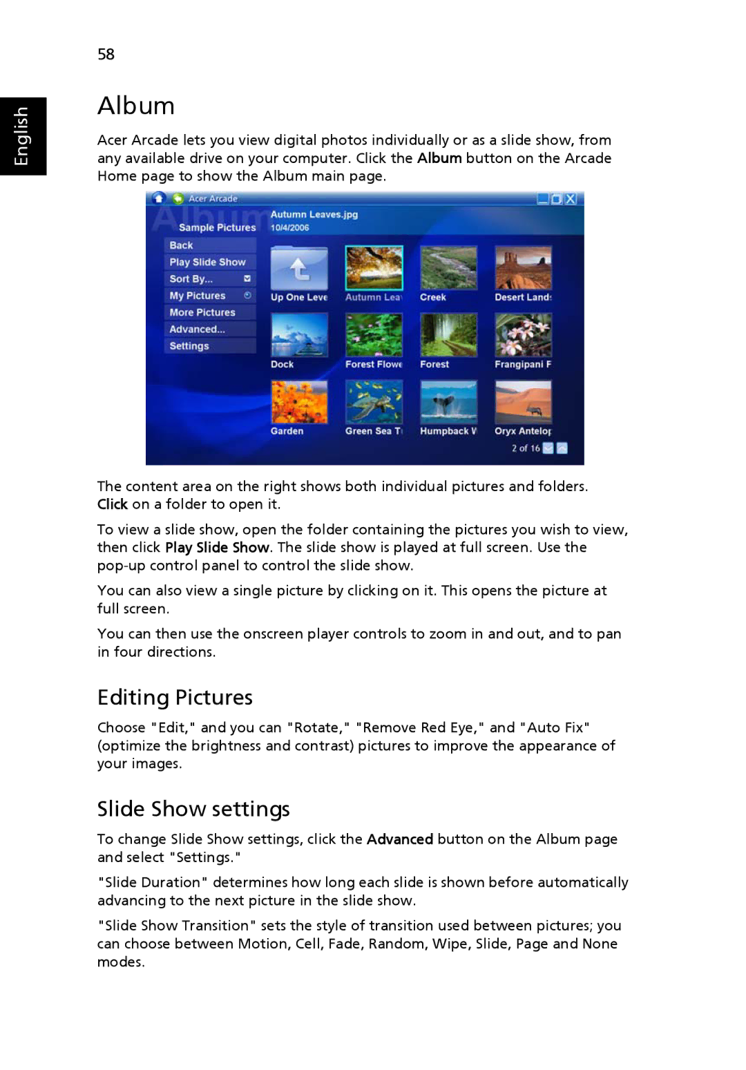 Acer 5510 Series, 5510Z Series, 5200 Series manual Album, Editing Pictures, Slide Show settings 