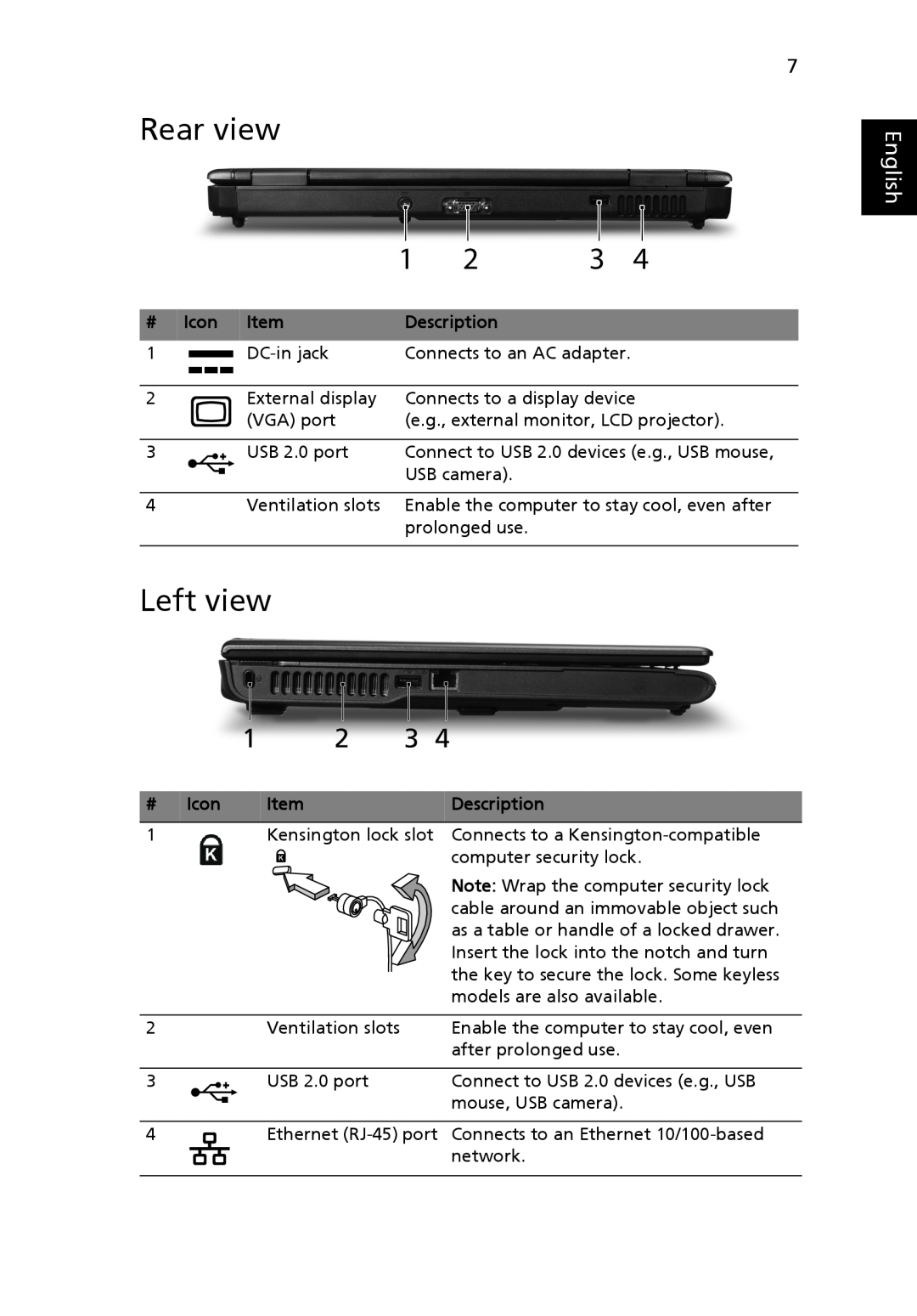 Acer 5515 Series manual Rear view, Left view, # Icon, English, Description 