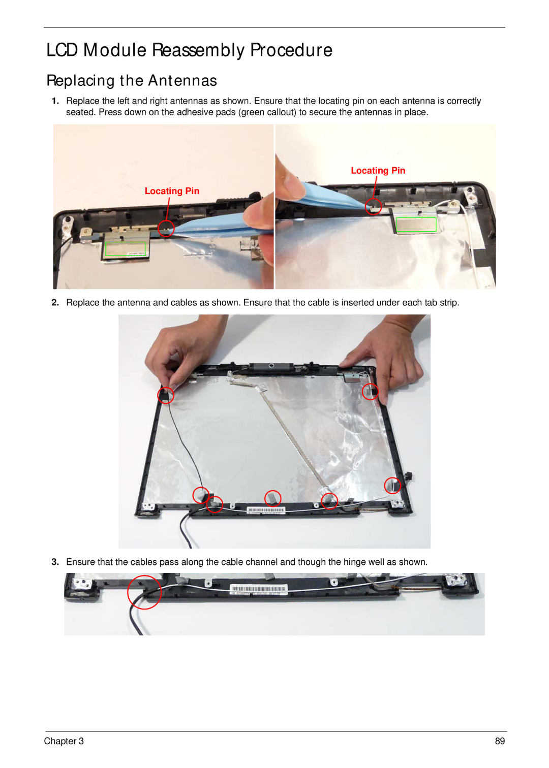 Acer 5515 manual LCD Module Reassembly Procedure, Replacing the Antennas 