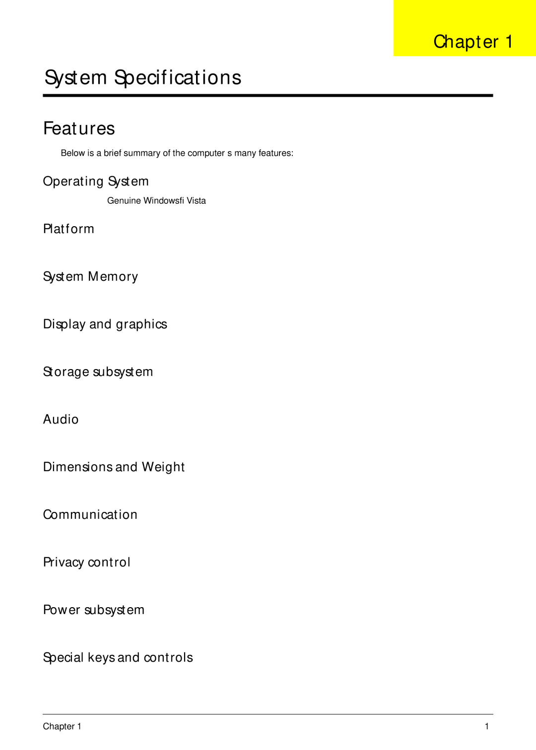 Acer 5515 manual Chapter, Features, Operating System 