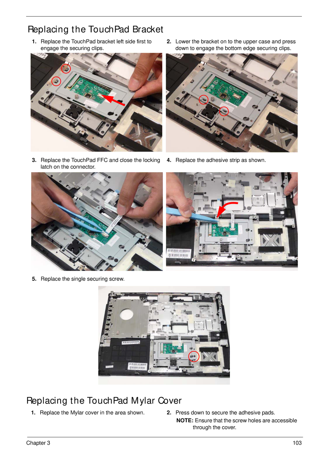 Acer 5515 manual Replacing the TouchPad Bracket, Replacing the TouchPad Mylar Cover 