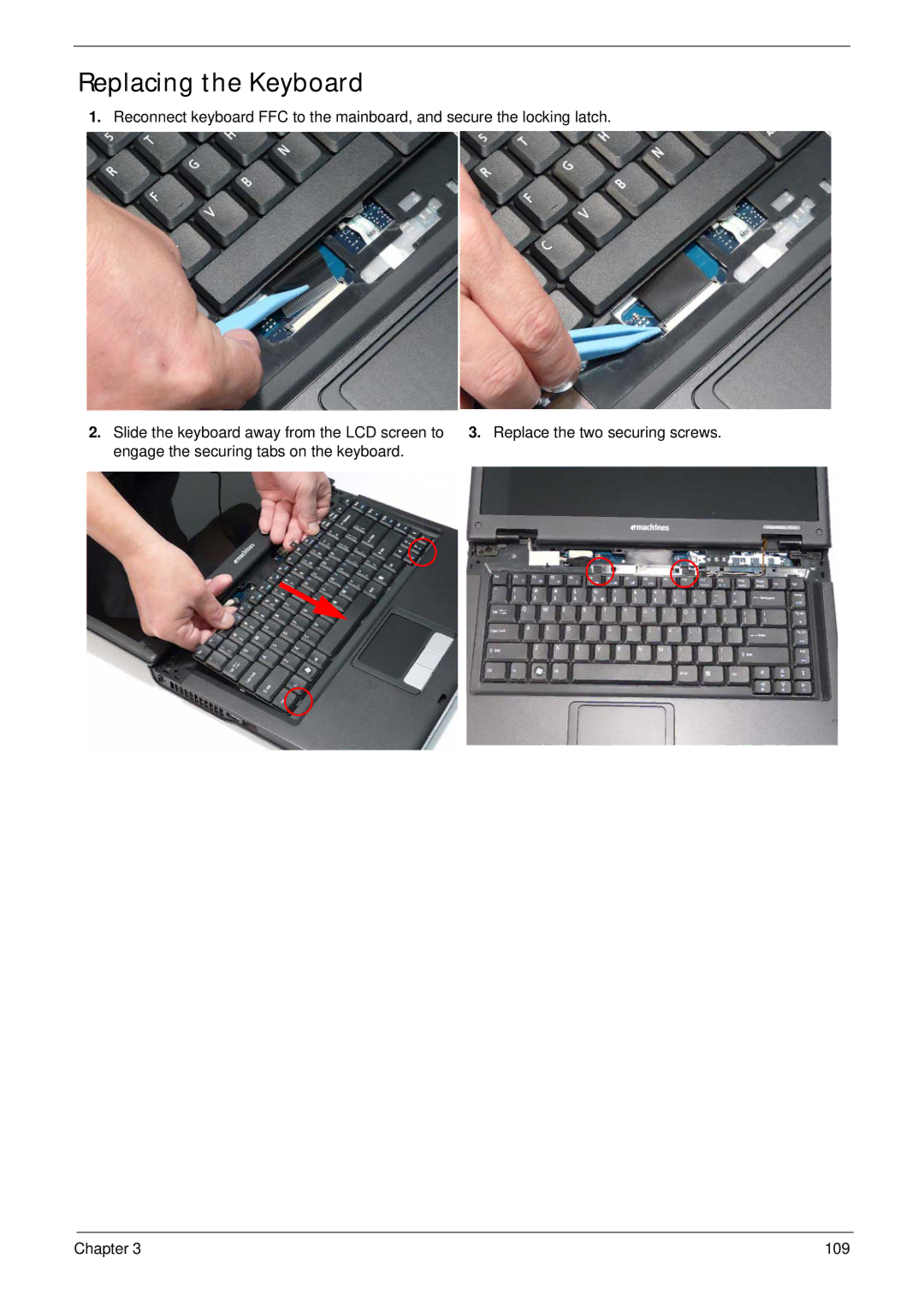 Acer 5515 manual Replacing the Keyboard 