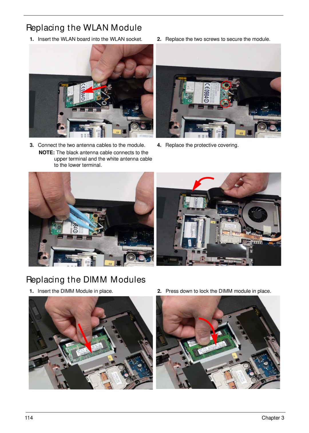 Acer 5515 manual Replacing the Wlan Module, Replacing the Dimm Modules, Insert the Wlan board into the Wlan socket 