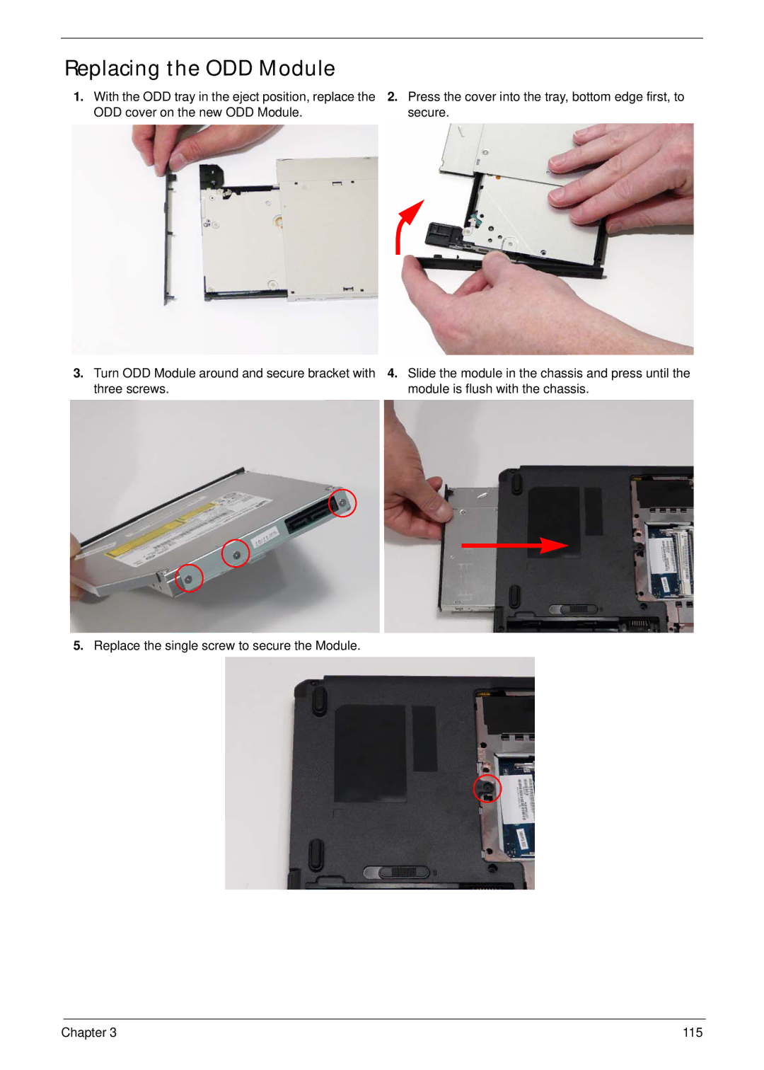 Acer 5515 manual Replacing the ODD Module 