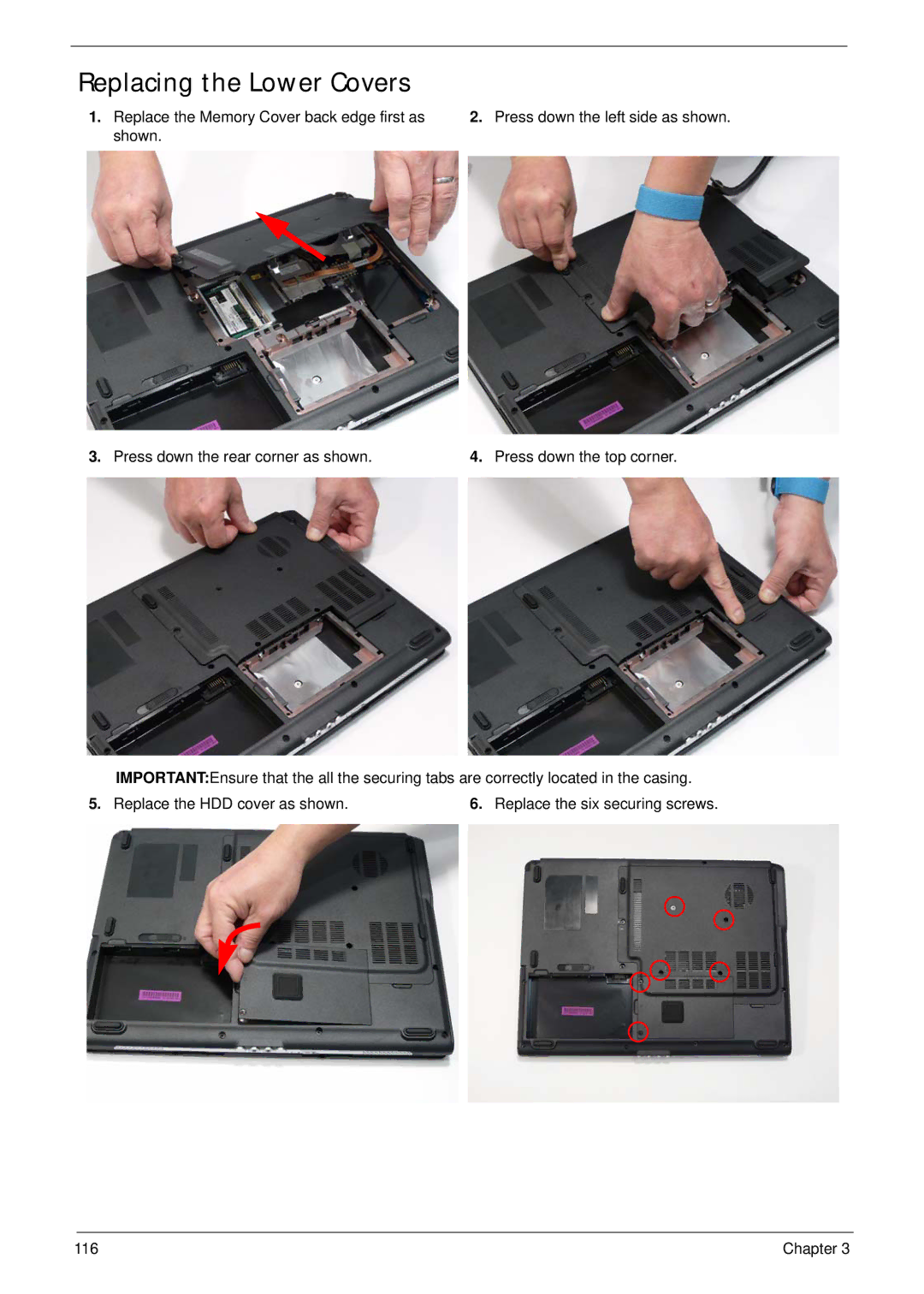 Acer 5515 manual Replacing the Lower Covers 