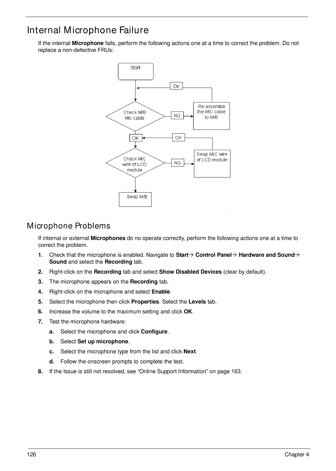 Acer 5515 manual Internal Microphone Failure, Microphone Problems, Select Set up microphone 