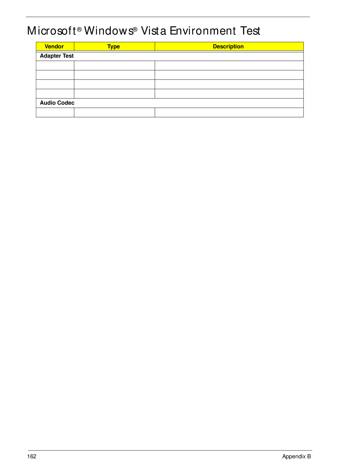 Acer 5515 manual Microsoft Windows Vista Environment Test, Vendor Type Description Adapter Test Audio Codec 